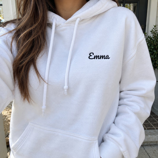 [US] Custom Text Embroidered Sweatshirt - white hoodie worn at home