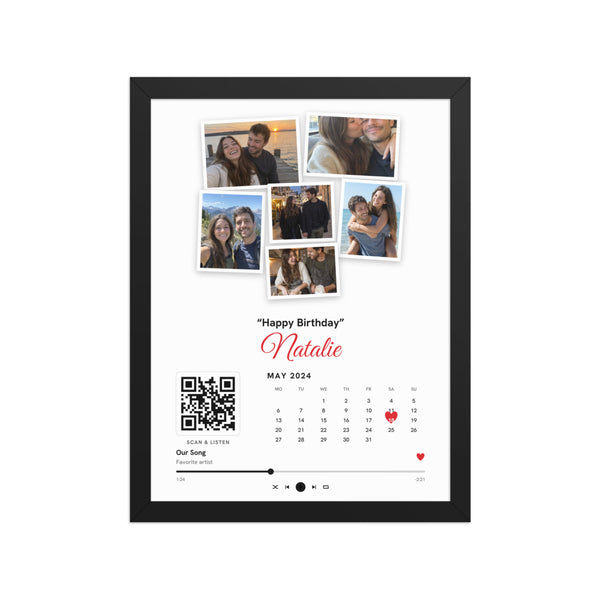 [US] Photo Collage With Calendar, Heart and Song QR Code - poster in a black frame