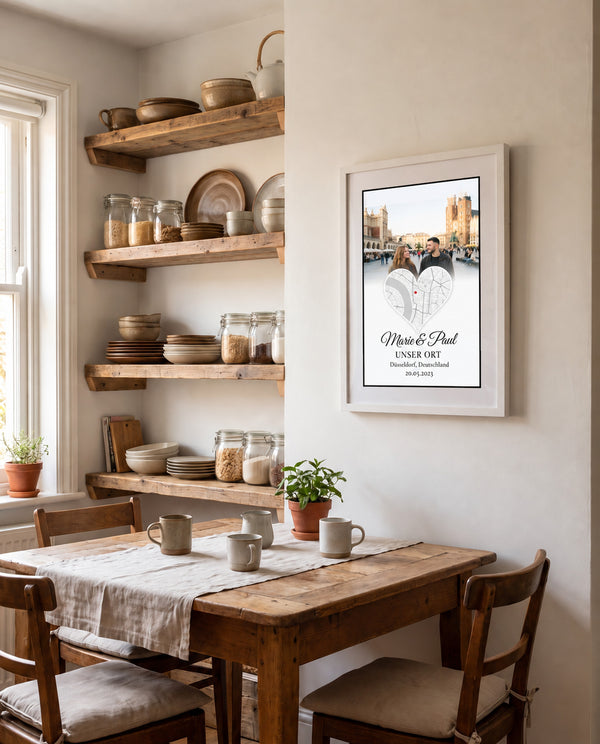 [DE] Personalisiertes Fotoposter mit Herzkarte von Düsseldorf, Marie & Paul und Unser Ort.