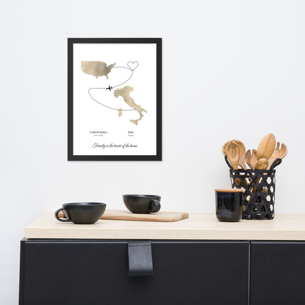[US] Two Countries, One Story — Map Route With a Heart - framed poster on a dresser