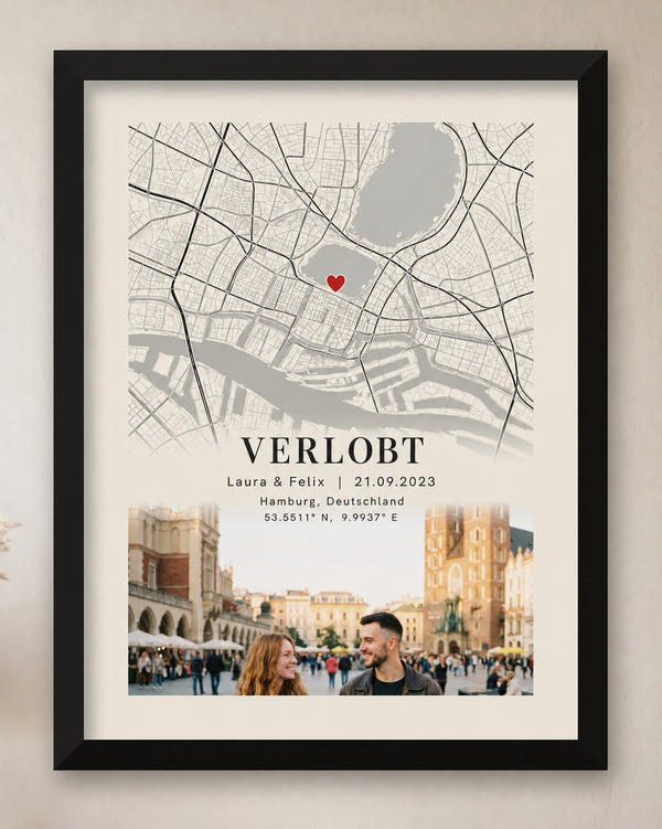 [DE] Personalisiertes Stadtplanposter von Hamburg mit Laura & Felix, Foto und Verlobungsdatum 21.09.2023.