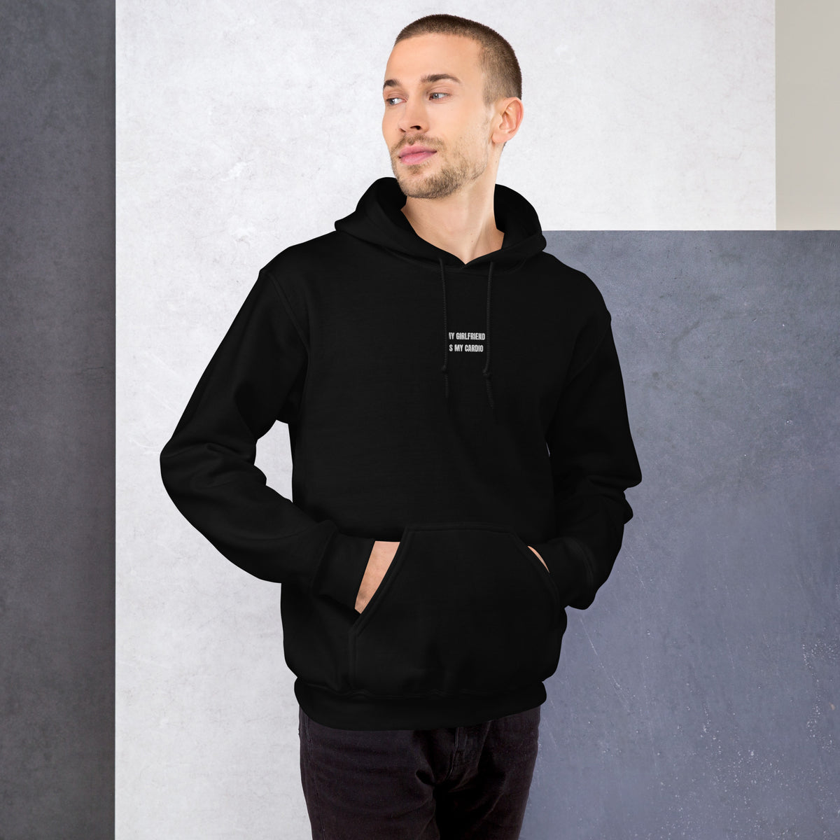 [US] Custom text embroidered hoodie, white thread on black