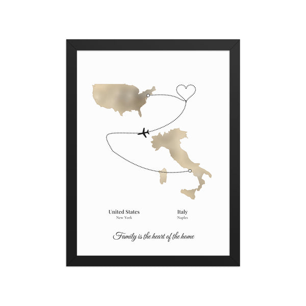 [US] Two Countries, One Story — Map Route With a Heart - poster in a black frame