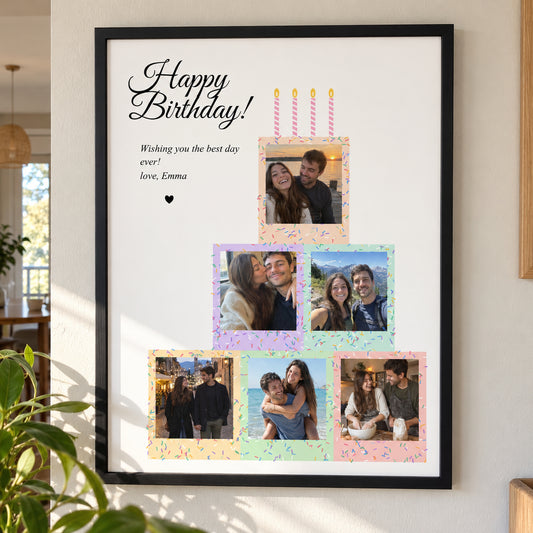[US] Birthday Cake Photo Collage Poster - framed poster in a cozy living room