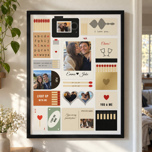 [US] Matchbox Photo Collage Poster - framed poster in a cozy living room