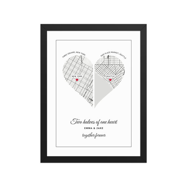 [US] Two Halves of One Heart — Two City Maps - poster in a black frame