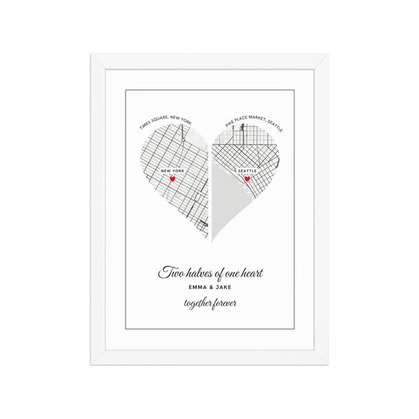[US] Two Halves of One Heart — Two City Maps - poster in a white frame