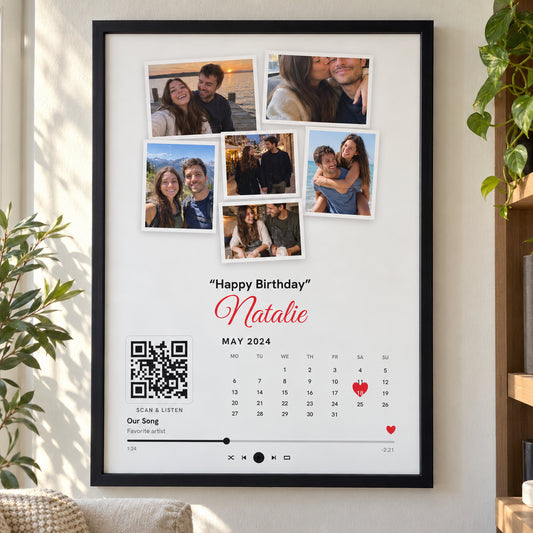 [US] Custom Photo Collage Poster With Calendar, Heart and Song QR Code - framed poster in a cozy living room