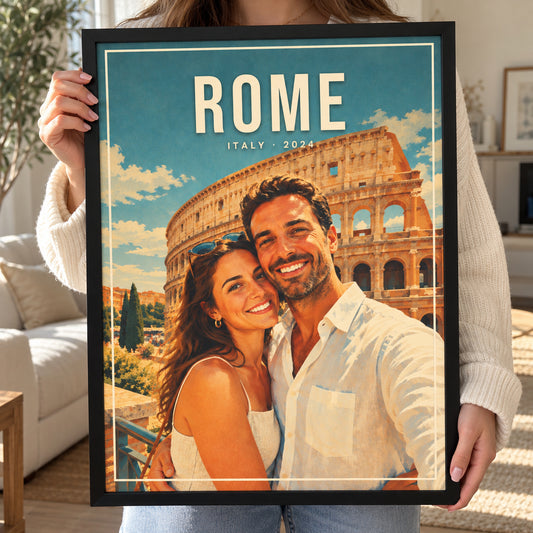 [US] Custom Vintage Travel Poster From Your Photo - framed poster held in hands