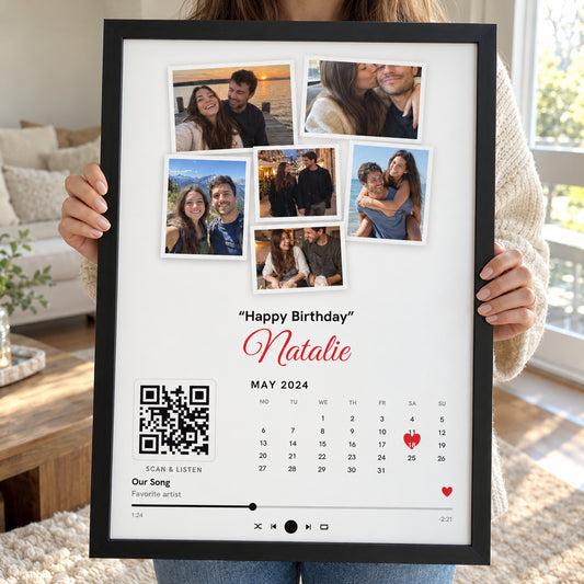 [US] Custom Photo Collage Poster With Calendar, Heart and Song QR Code - framed poster held in hands