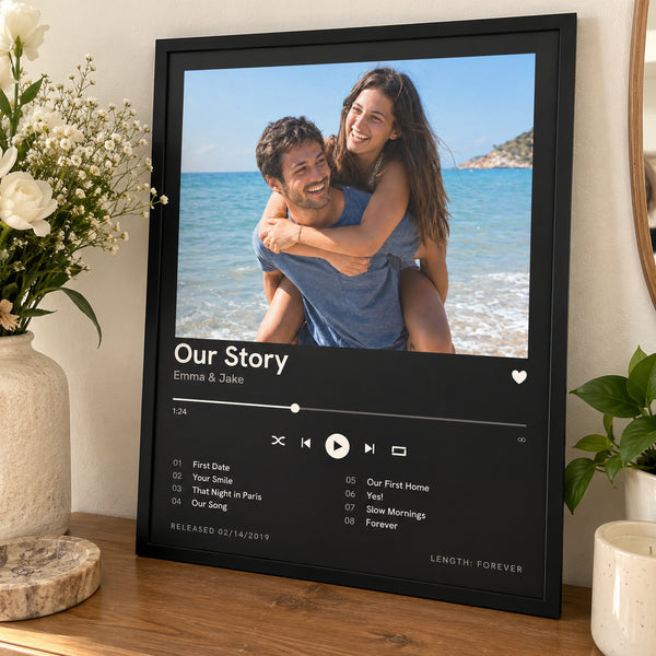 [US] Custom Album Cover Poster - framed poster leaning on a dresser with flowers