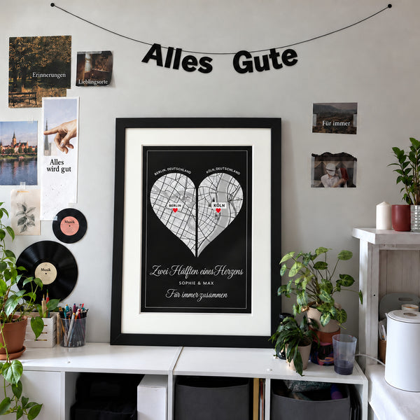 [DE] Personalisiertes Herzposter mit den Stadtplänen von Berlin und Köln sowie Sophie & Max.