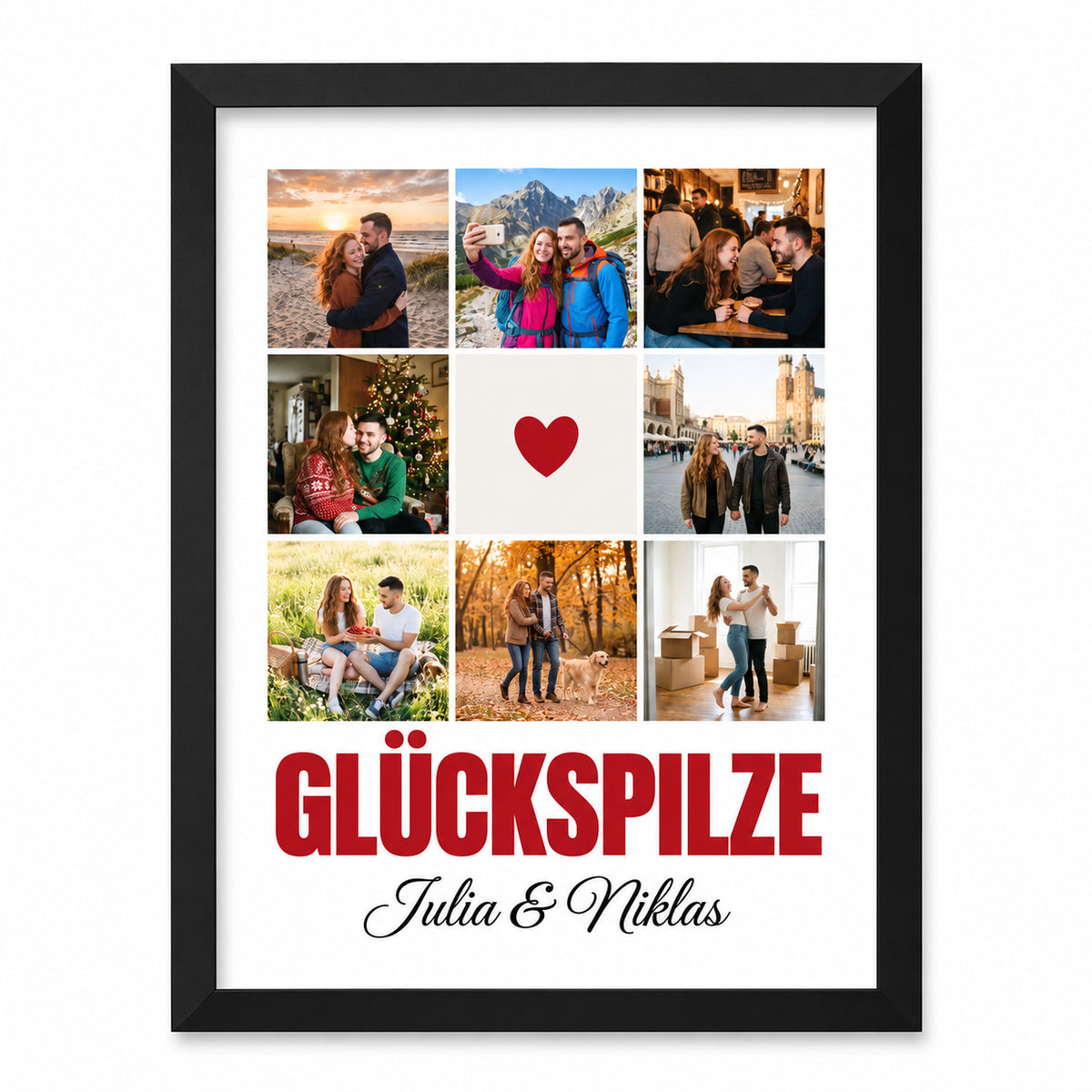 [DE] Personalisiertes Fotocollage-Poster Glückspilze mit Julia & Niklas und rotem Herz.