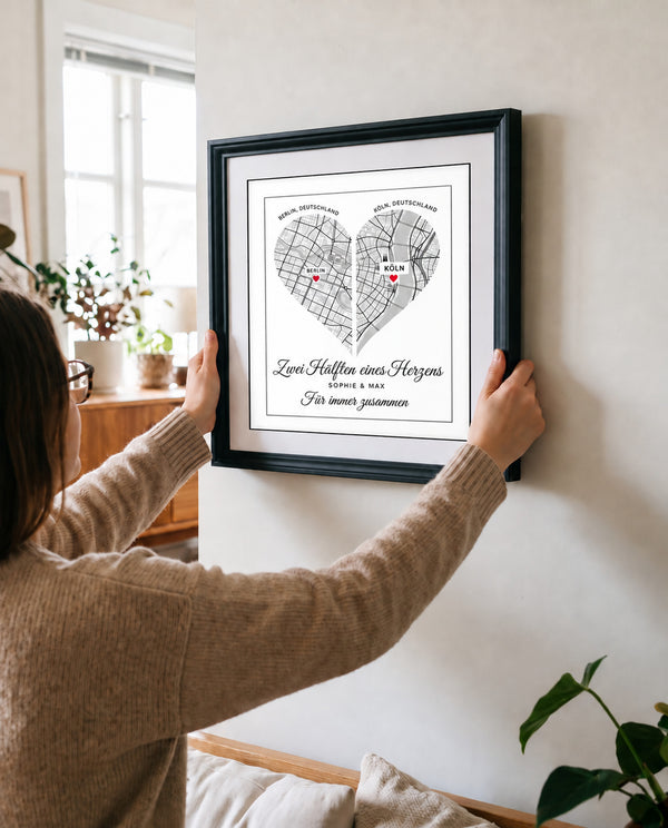 [DE] Personalisiertes Herzposter mit den Stadtplänen von Berlin und Köln sowie Sophie & Max.