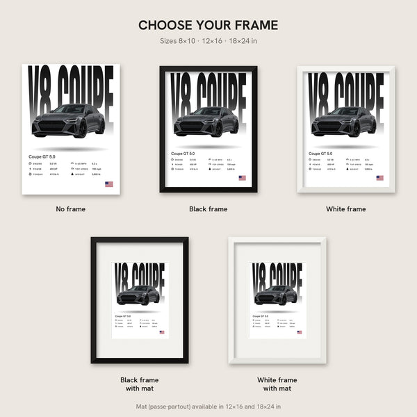 [US] Your Car Poster With Specs - frame options: no frame, black, white, with mat