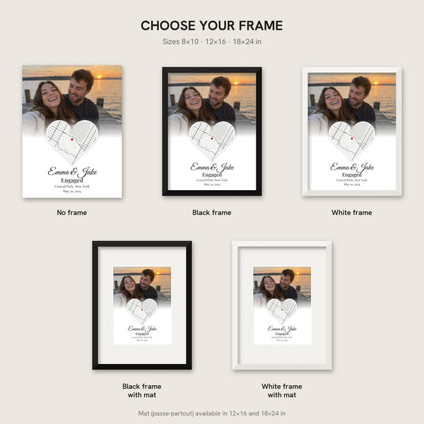 [US] Your Photo and Map in a Heart - frame options: no frame, black, white, with mat