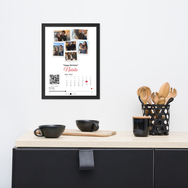 [US] Photo Collage With Calendar, Heart and Song QR Code - framed poster on a dresser