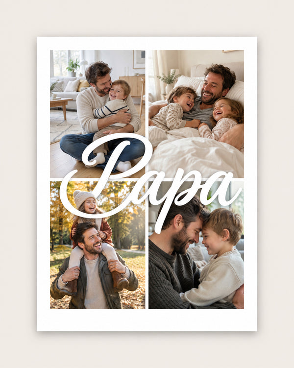 [DE] Personalisierte Fotocollage mit vier Fotos und weißem Schriftzug Papa.
