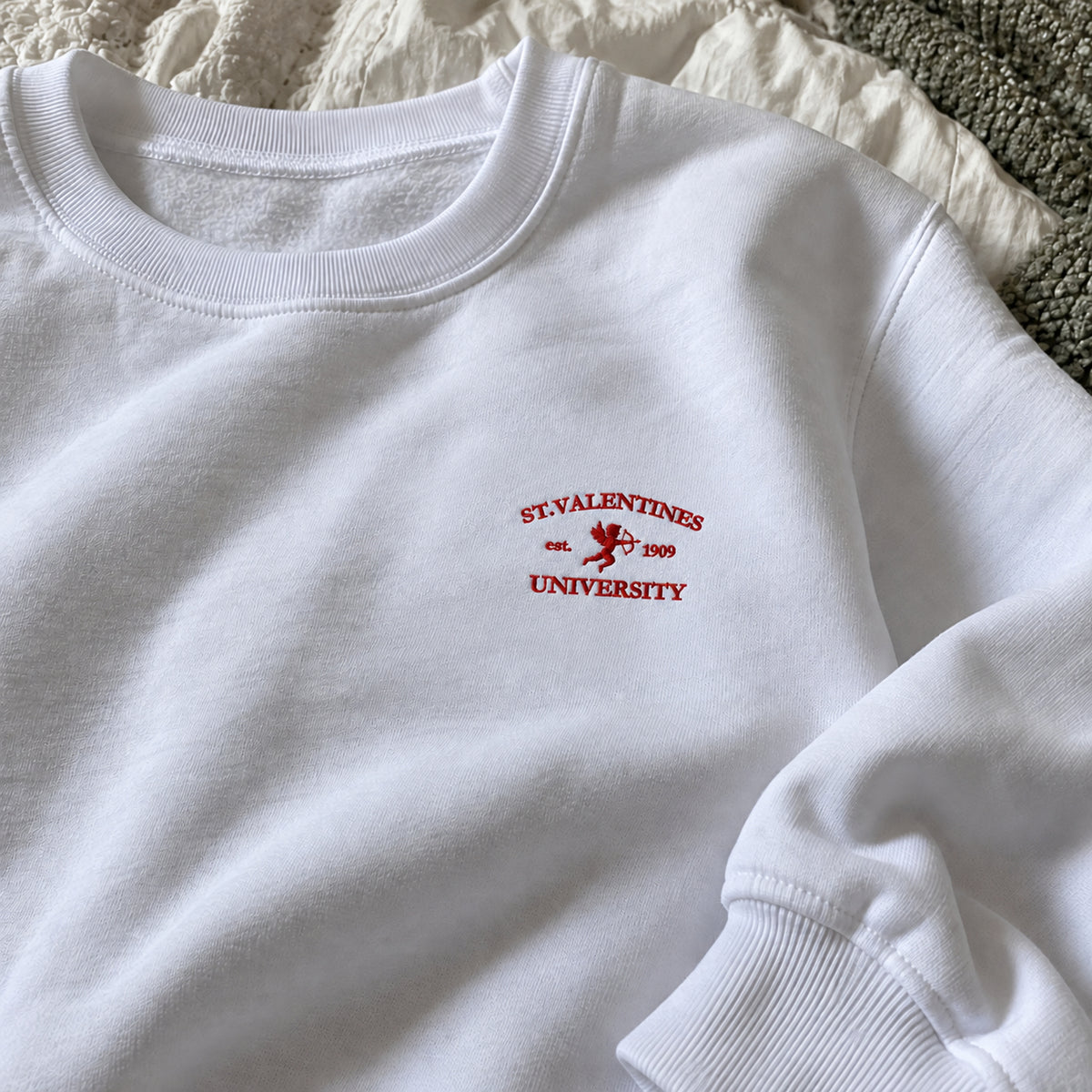 [US] Valentine's Day Matching Couple Sweatshirts - white crewneck sweatshirt laid flat