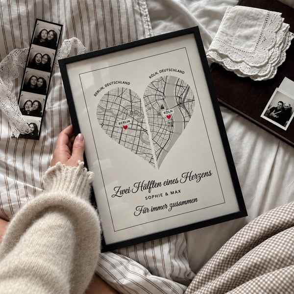 [DE] Personalisiertes Herzposter mit den Stadtplänen von Berlin und Köln sowie Sophie & Max.