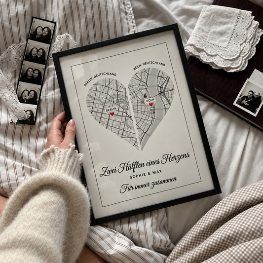 [DE] Personalisiertes Herzposter mit den Stadtplänen von Berlin und Köln sowie Sophie & Max.
