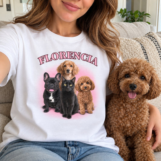 [US] Vintage Pet Squad Shirt With Big Name - white t-shirt worn on the sofa next to a poodle