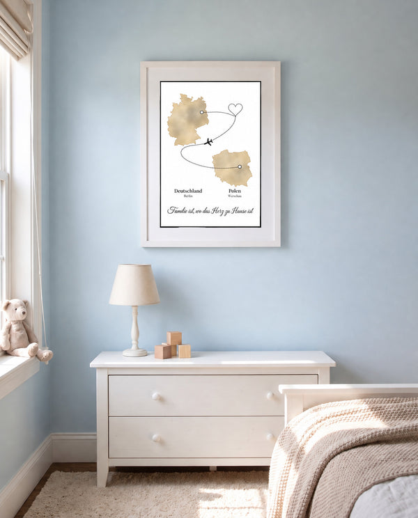 [DE] Personalisiertes Poster mit Deutschland und Polen, Flugroute zwischen Berlin und Warschau und Familienspruch.
