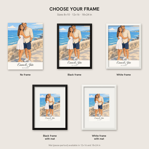 [US] Couple Portrait — Illustration From Your Photo - frame options: no frame, black, white, with mat