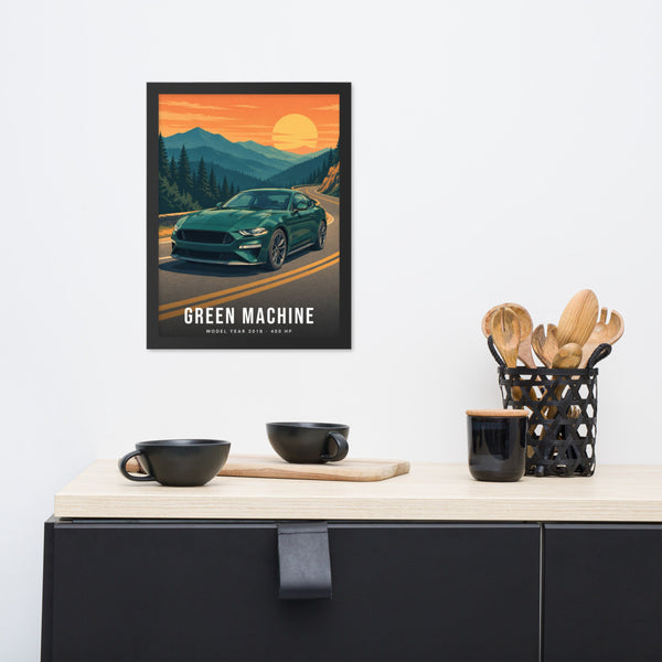 [US] Your Car in an Illustrated Landscape - framed poster on a dresser