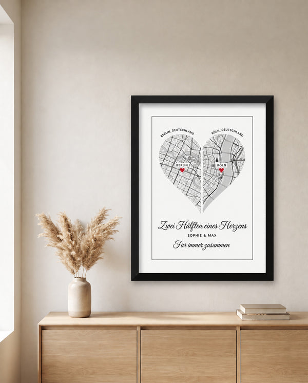 [DE] Personalisiertes Herzposter mit den Stadtplänen von Berlin und Köln sowie Sophie & Max.