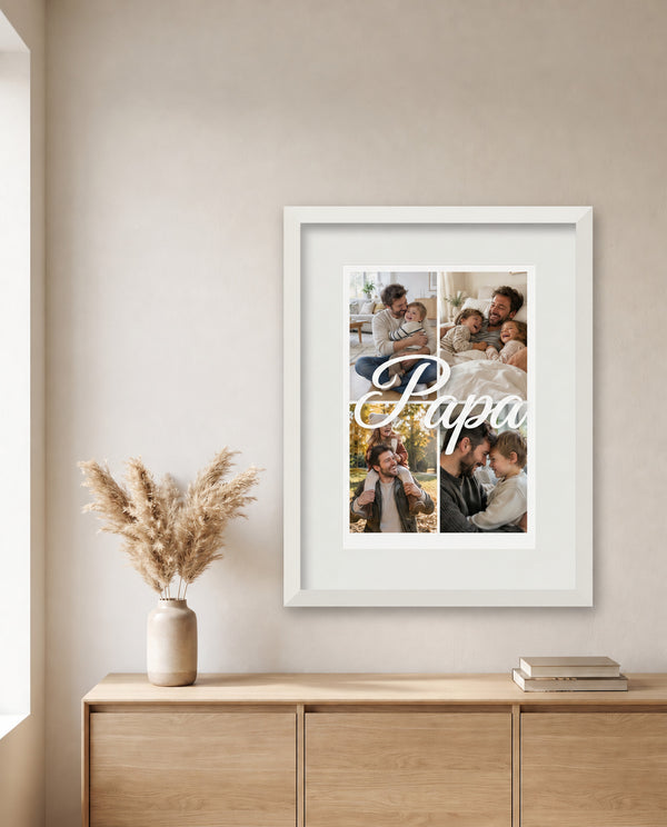 [DE] Personalisierte Fotocollage mit vier Fotos und weißem Schriftzug Papa.