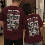 [DE] Bordeauxrote Partner-Shirts mit Fotocollagen und den Namen Jonas und Lena.