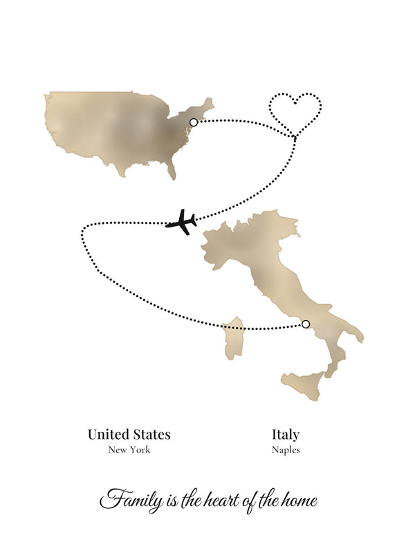 [US] Two Countries, One Story — Map Route With a Heart - personalized poster design