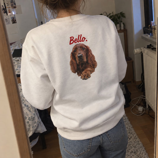 [DE] Kleidung mit Haustierporträt und dem Namen Bello.