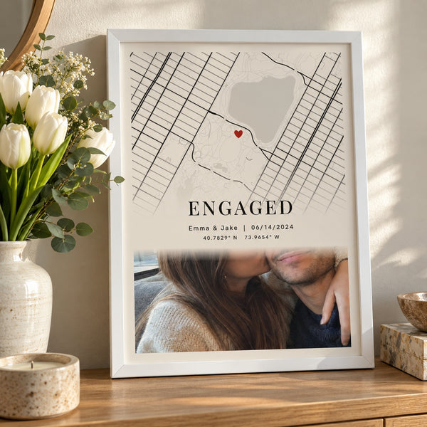 [US] Custom City Map Poster With Photo - framed poster leaning on a dresser with flowers