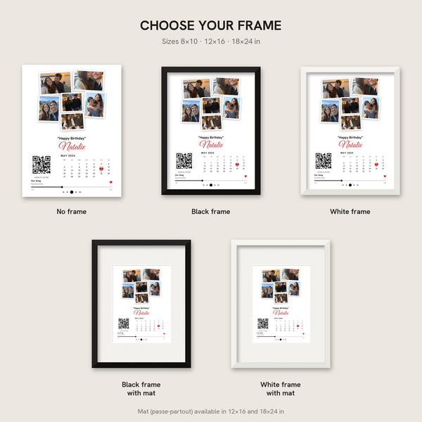 [US] Photo Collage With Calendar, Heart and Song QR Code - frame options: no frame, black, white, with mat