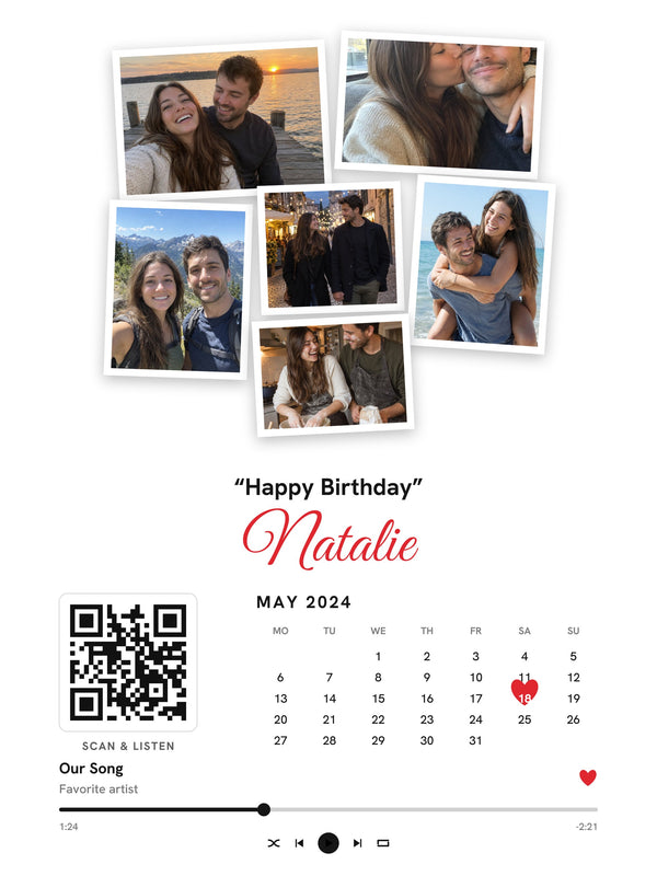 [US] Photo Collage With Calendar, Heart and Song QR Code - personalized poster design