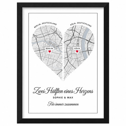 [DE] Personalisiertes Herzposter mit den Stadtplänen von Berlin und Köln sowie Sophie & Max.