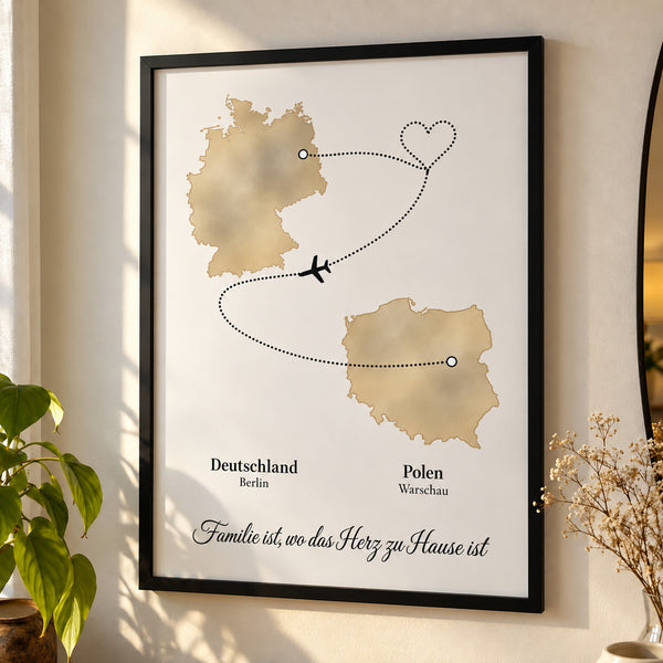 [DE] Personalisiertes Poster mit Deutschland und Polen, Flugroute zwischen Berlin und Warschau und Familienspruch.