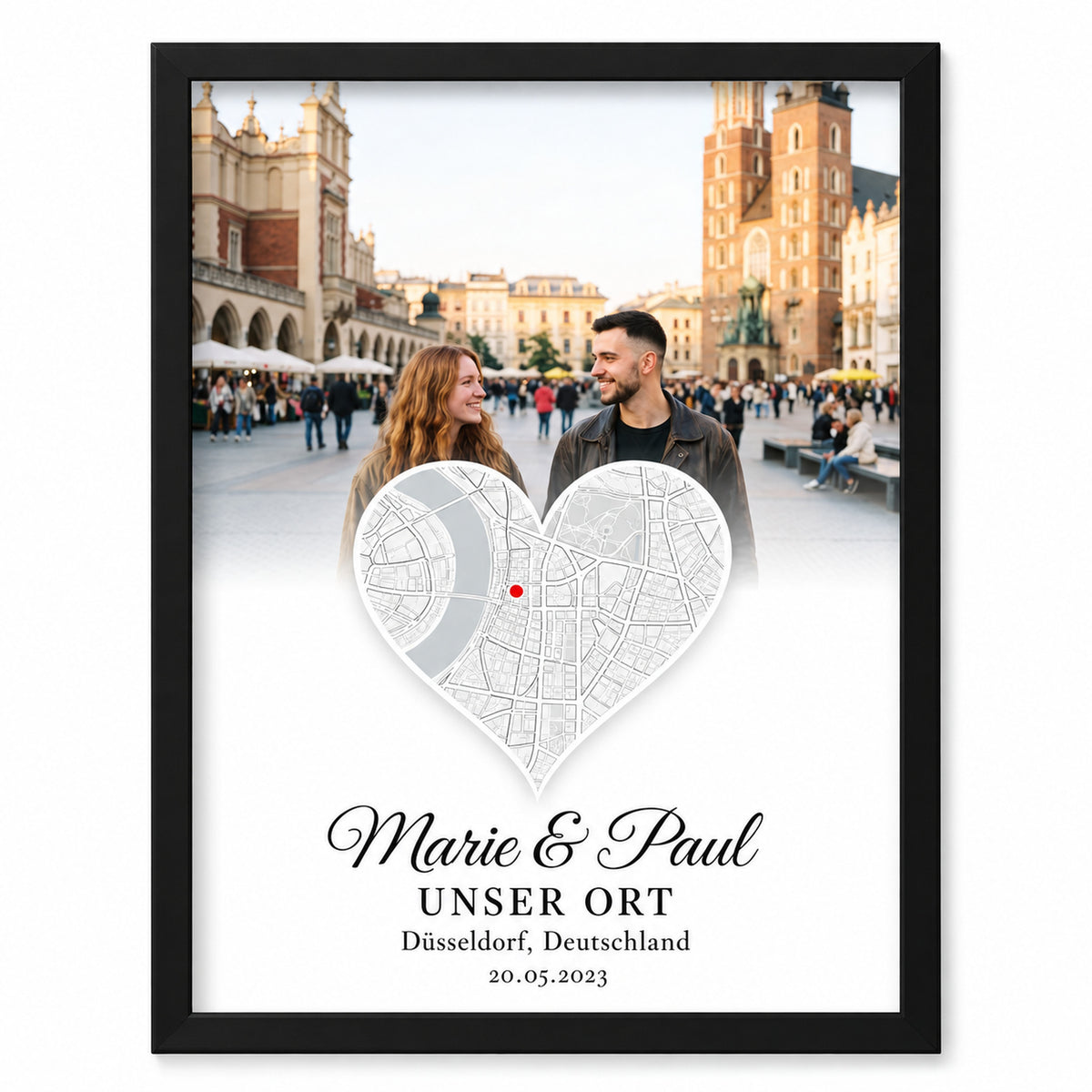 [DE] Personalisiertes Fotoposter mit Herzkarte von Düsseldorf, Marie & Paul und Unser Ort.