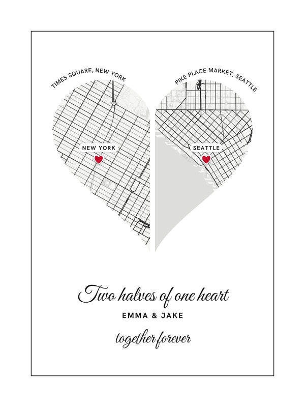 [US] Two Halves of One Heart — Two City Maps - personalized poster design