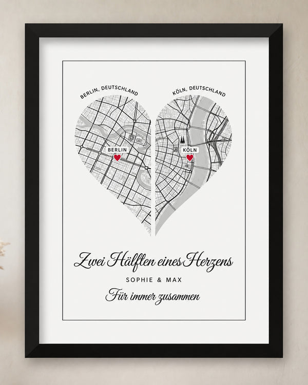 [DE] Personalisiertes Herzposter mit den Stadtplänen von Berlin und Köln sowie Sophie & Max.