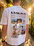 [DE] Weißes T-Shirt mit Fotocollage und den Namen Lukas und Monika.