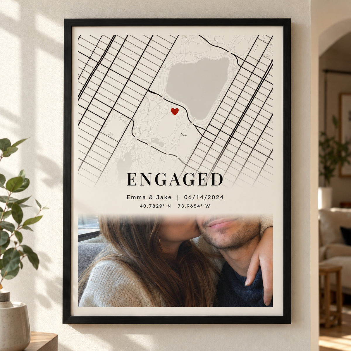 [US] Custom City Map Poster With Photo - framed poster in a cozy living room
