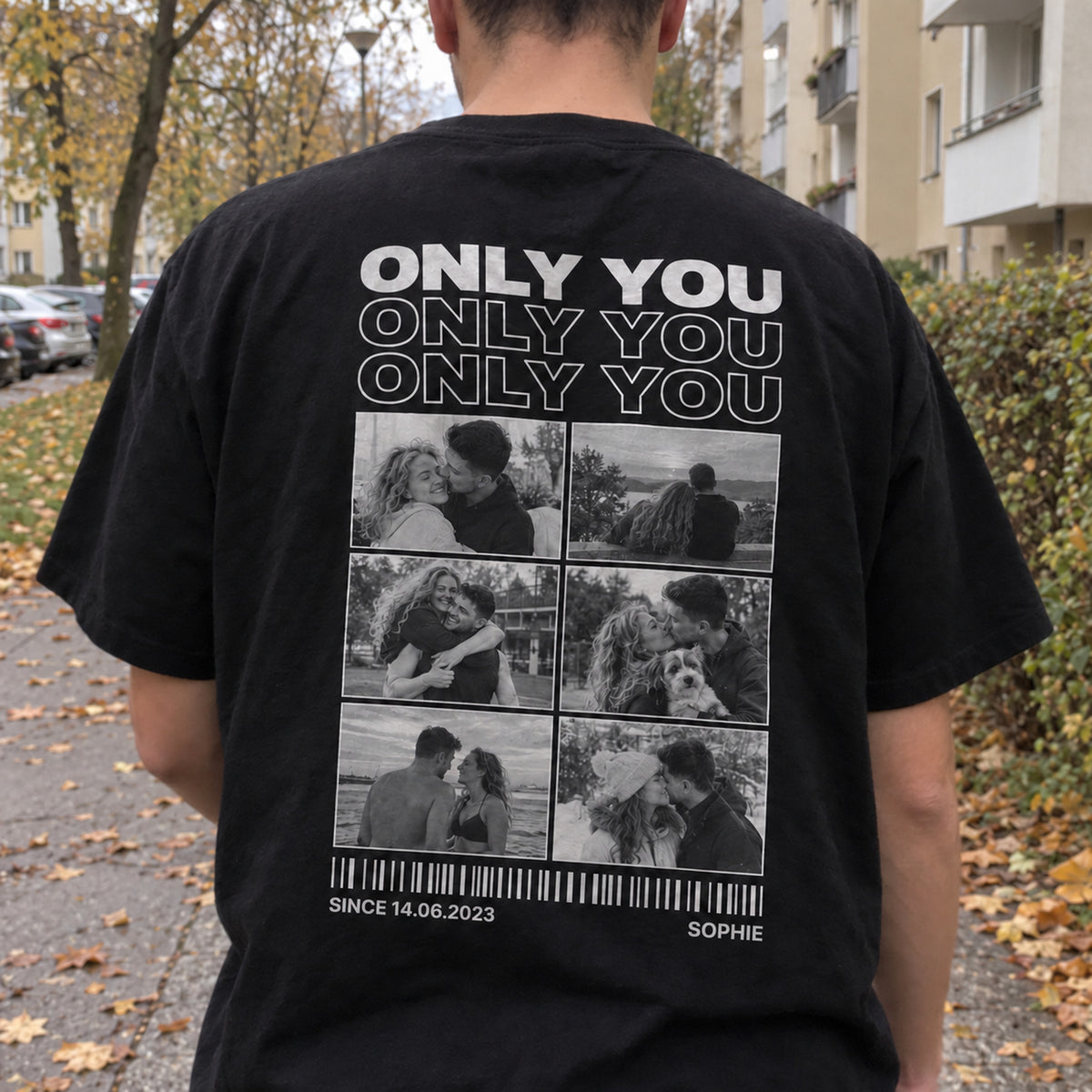 [DE] Schwarzes T-Shirt mit Fotocollage und dem Namen Sophie.