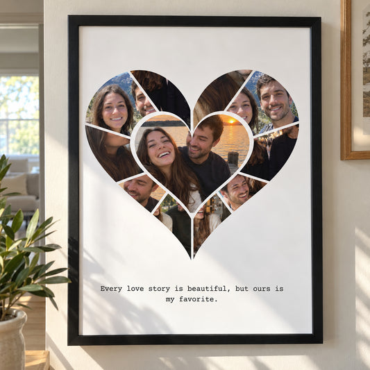 [US] Heart Photo Collage Poster - framed poster in a cozy living room