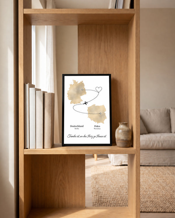 [DE] Personalisiertes Poster mit Deutschland und Polen, Flugroute zwischen Berlin und Warschau und Familienspruch.