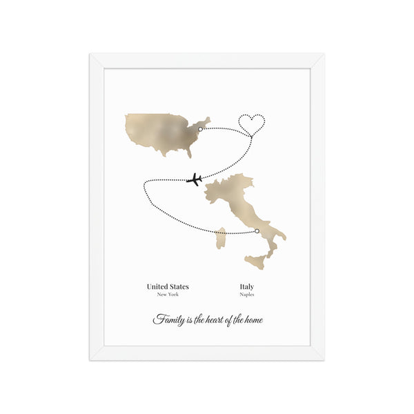 [US] Two Countries, One Story — Map Route With a Heart - poster in a white frame