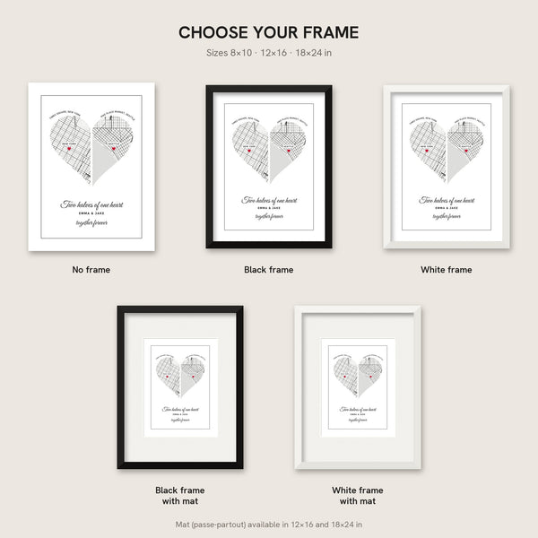 [US] Two Halves of One Heart — Two City Maps - frame options: no frame, black, white, with mat