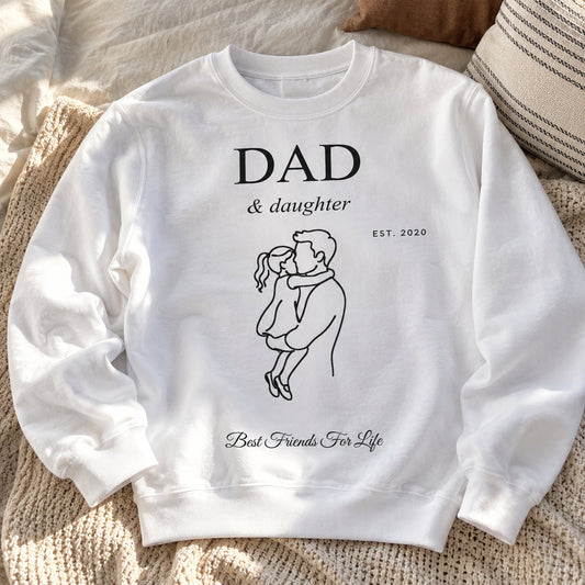 [US] Dad and Daughter Shirt - white crewneck sweatshirt laid on a knit blanket